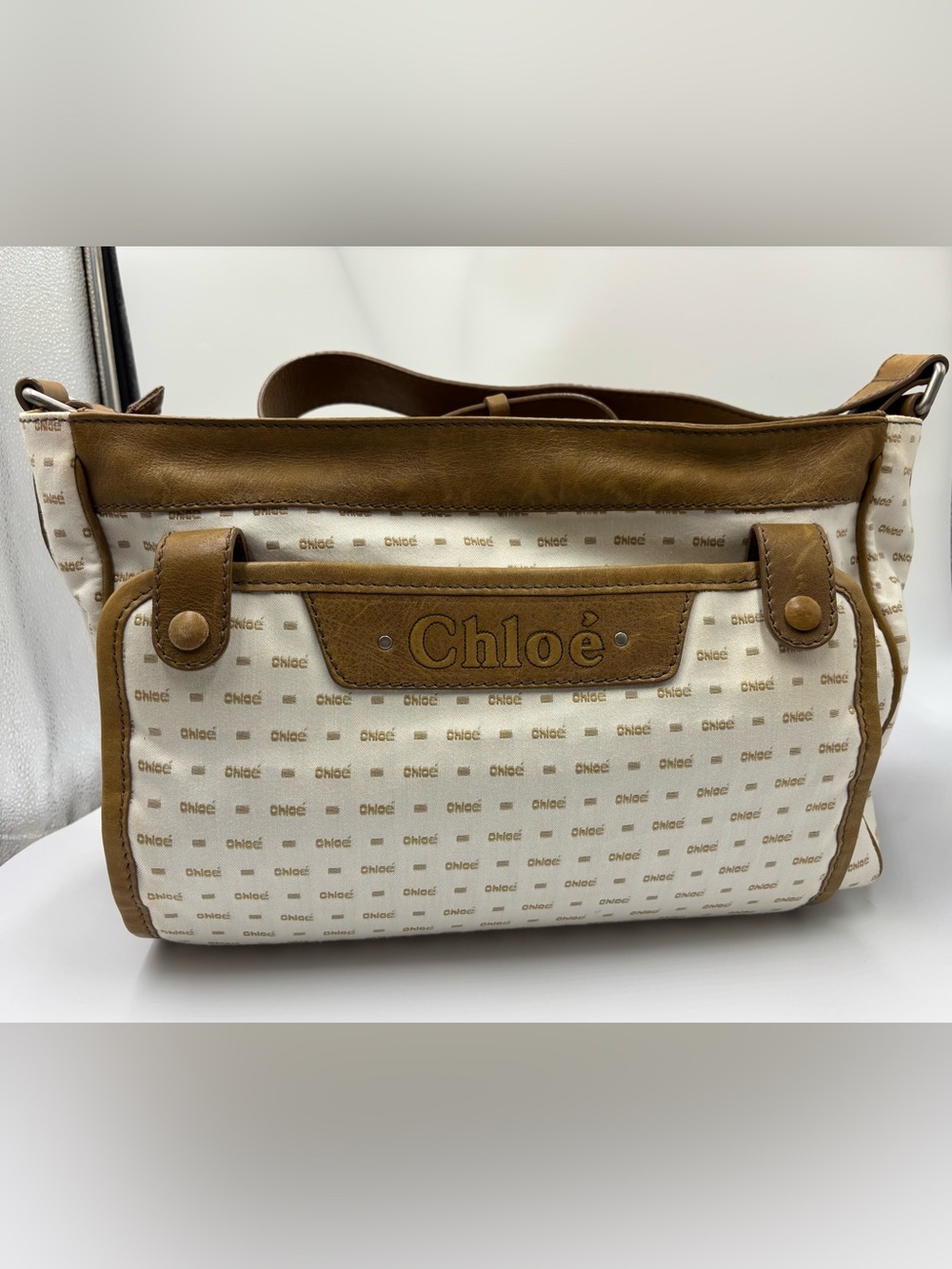 Unique Chloe Brown and Cream Canvas and leather Logo Tote
